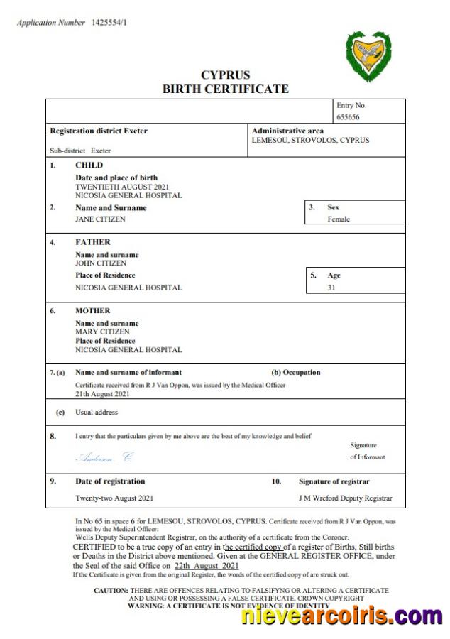 Cyprus birth certificate